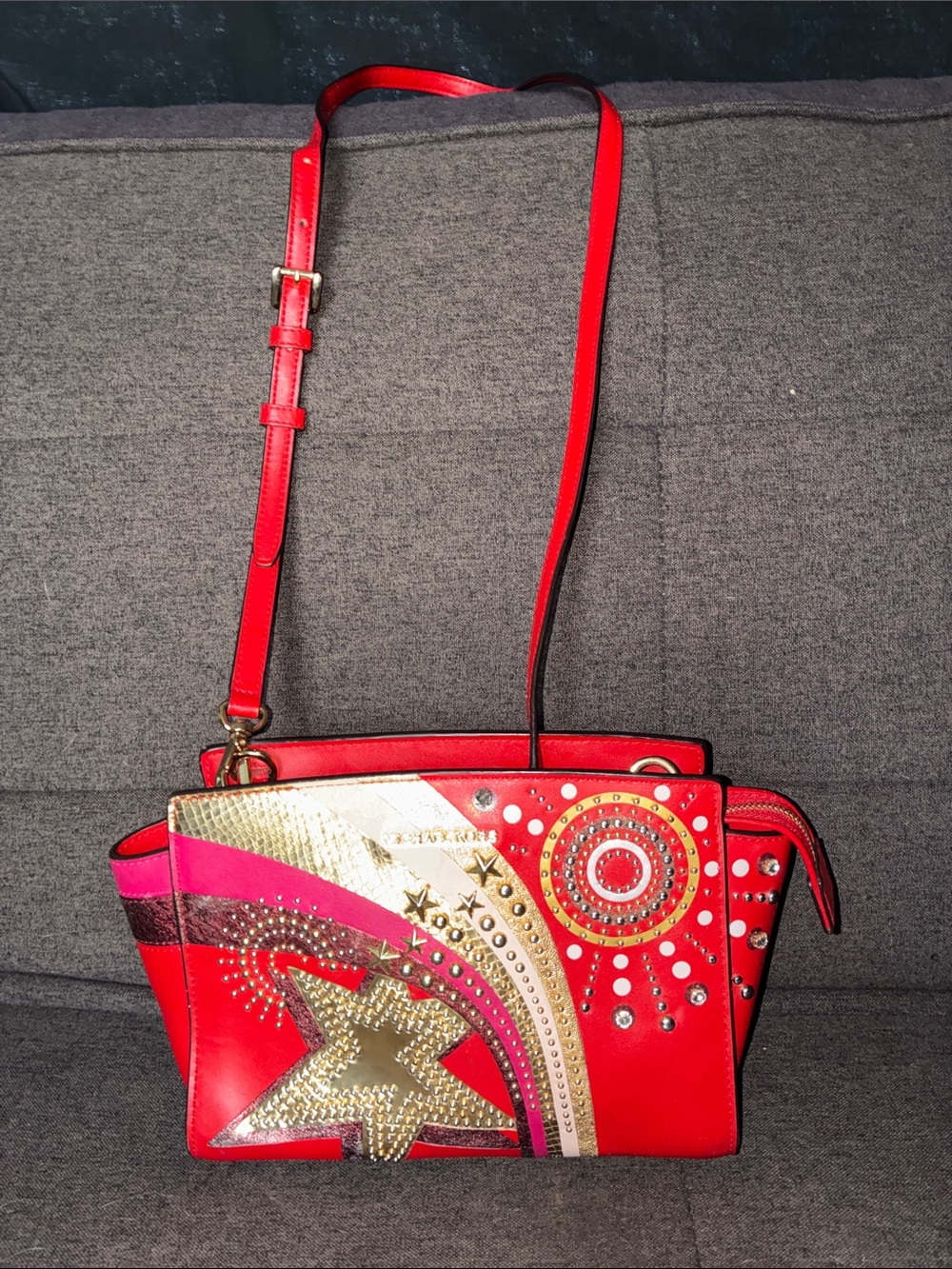 Michael Kors Red Selma embellished Crossbody with Gold & Pink Embellishments
